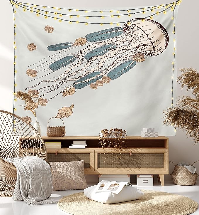 Ambesonne Jellyfish Tapestry, Boho Feather Tentacles Shells Vintage Art Print Under the Sea Tribal Fish, Fabric Wall Hanging Decor for Bedroom Living Room Dorm, 45" X 30", Beige Brown