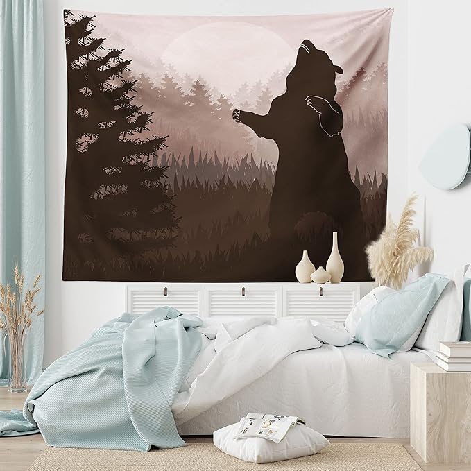 Ambesonne Nature Tapestry, Silhouette of Wild Bear in the Jungle Woodland at Dark Night Illustration, Fabric Wall Hanging Decor for Bedroom Living Room Dorm, 28" X 23", Army Green Pale Peach