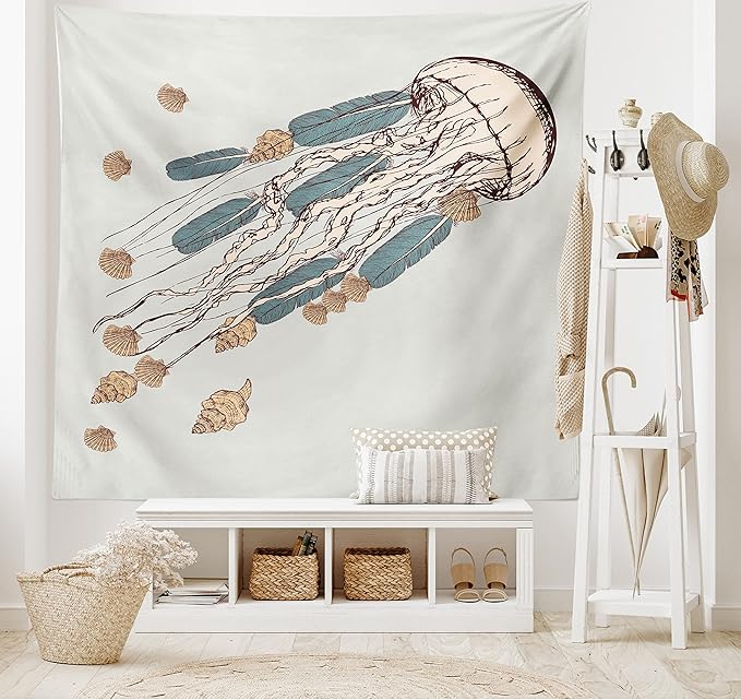 Ambesonne Jellyfish Tapestry, Boho Feather Tentacles Shells Vintage Art Print Under the Sea Tribal Fish, Fabric Wall Hanging Decor for Bedroom Living Room Dorm, 45" X 30", Beige Brown