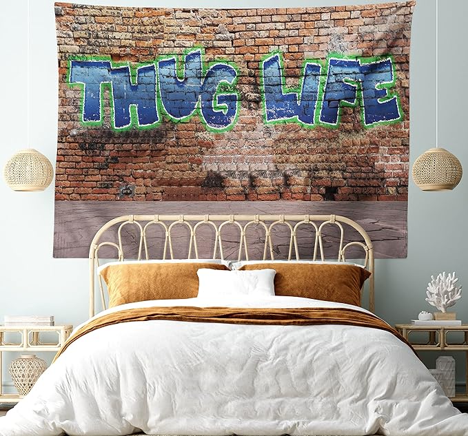 Ambesonne Thug Life Tapestry, Graffiti Style Words on a Brick Wall Street Urban Art Hip Hop Rap Culture Theme, Fabric Wall Hanging Decor for Bedroom Living Room Dorm, 45" X 30", Brown Blue