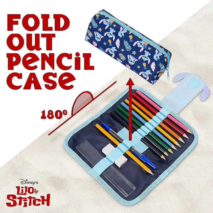 Disney Stitch Pencil Case with Cute Detachable Zipper Pouch including Ball Point Pen Pencil Eraser Ruler and Fun Colored Pencils Stationery Gift for Kids