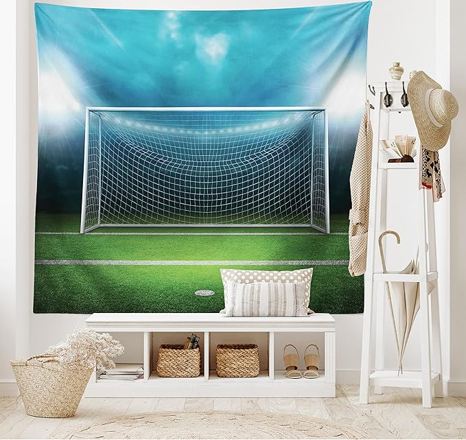 Ambesonne Soccer Tapestry King Size, Soccer Goal Post Sports Area Winner Loser Line Floodlit Best Team Finals Game Theme, Wall Hanging Bedspread Bed Cover Wall Decor, King Size, Green and Blue