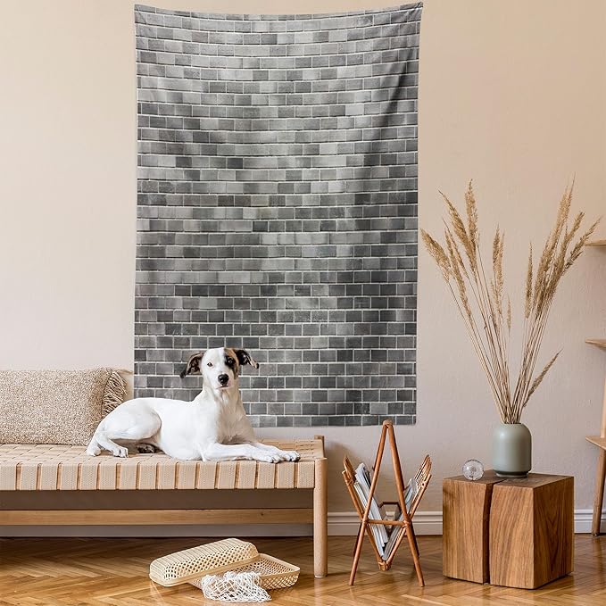 Ambesonne Grey and White Tapestry, Modern Brick Wall Tiles Urban Construction Architecture Building Town Art Picture, Wall Hanging for Bedroom Living Room Dorm Decor, 60" X 80", Grey
