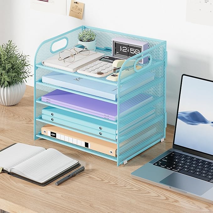 2 Pack 5 Tier Paper Organizer, Letter Tray with Handle, Mesh Desk Organizer, Metal File Organizer, Office Desk Accessories for Home, Office, Classroom, School -Blue