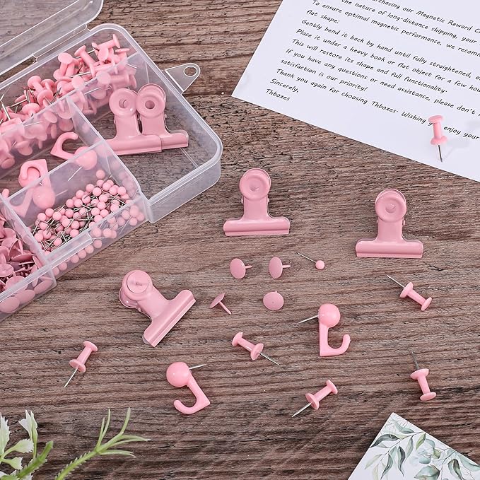 310 Pcs Push Pins Set, Pink Thumb Tacks Decorative Push Pins for Cork Board with Hook Pushpin Clip 5 Style Office Accessories for Cork Board Map Office (Pink)