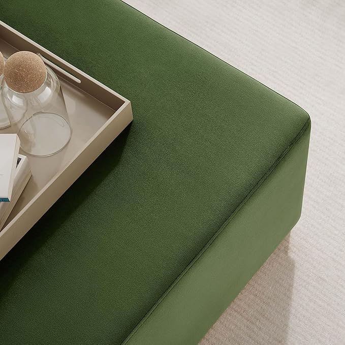 Modway Tilden 28 Inch Square Performance Velvet Upholstered Ottoman in Moss Green Natural - Large Ottoman Foot Rest with Rubberwood Plinth Base, Living Room Ottoman Coffee Table - Velvet Ottoman Table
