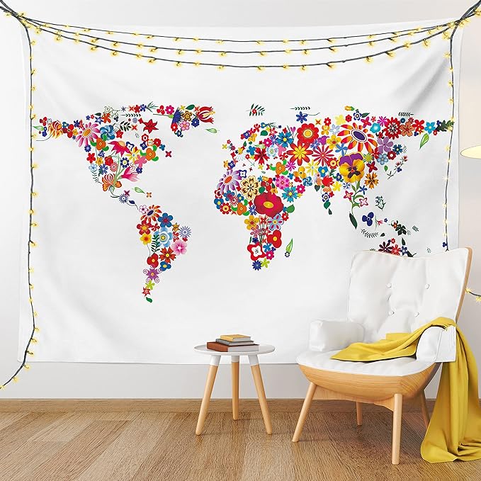 Ambesonne Floral World Map Tapestry, Bunch of Flower Petals Essence Fragrance Garden Growth Theme Atlas Image, Fabric Wall Hanging Decor for Bedroom Living Room Dorm, 45" X 30", Red White