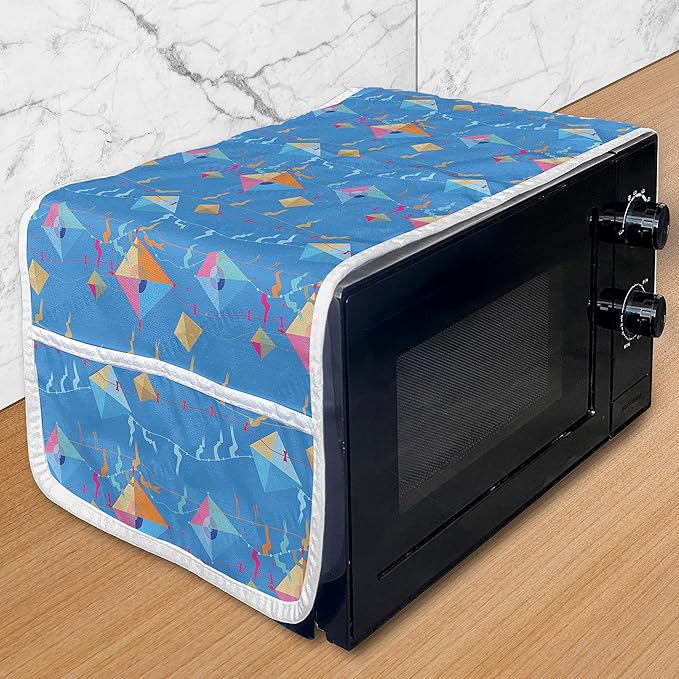 Ambesonne Kites Microwave Oven Cover, Vibrant Flying Kite on Cables with Flags Happy Joyful Summer Activity Illustration, Water Resistant Organizer with Pockets for Kitchen, 36" x 12", Multicolor