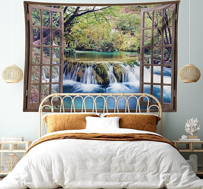 Ambesonne Waterfall Tapestry King Size, Wide Waterfall Deep down in the Forest Seen from a City Window Epic Surreal Print, Wall Hanging Bedspread Bed Cover Wall Decor, 104" X 88", Brown Black