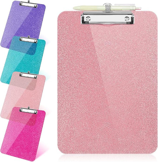 1 Pcs Clear Glitter Clipboards, Plastic Clipboard with Pen Holder, Size 8.85 x 12.4 in Shiny Clipboards with Low Profile Clip, Cute Hanging Clipboard for Office School Supplies Sparkly Clip board-Pink