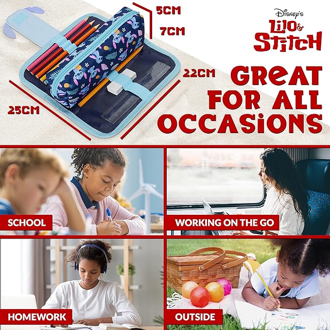 Disney Stitch Pencil Case with Cute Detachable Zipper Pouch including Ball Point Pen Pencil Eraser Ruler and Fun Colored Pencils Stationery Gift for Kids