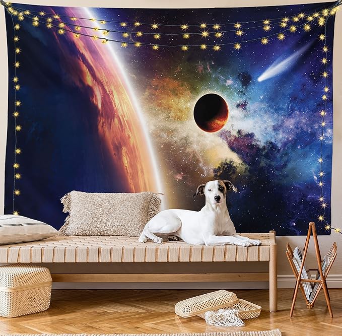 Ambesonne Outer Space Tapestry King Size, Comet Approaches Vibrant Planet Scientific Realities in Solar System World Scene, Wall Hanging Bedspread Bed Cover Wall Decor, 104" X 88", Blue Red