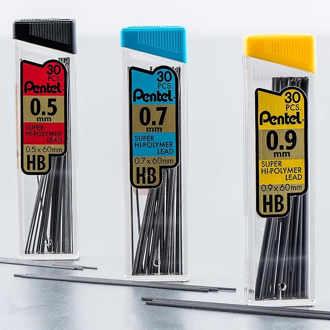 Pentel Super Hi-Polymer Lead Refills Value Pack, (0.5mm and 0.7mm), Fine/Medium Line, HB, Pack of 6, 180 Pieces of Lead (C257BPHB6)