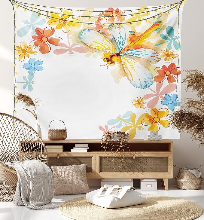 Ambesonne Dragonfly Tapestry King Size, Abstract Grunge Vintage Design Moth Spring Flowers Floral Frame Art Print, Wall Hanging Bedspread Bed Cover Wall Decor, 104" X 88", Yellow Orange