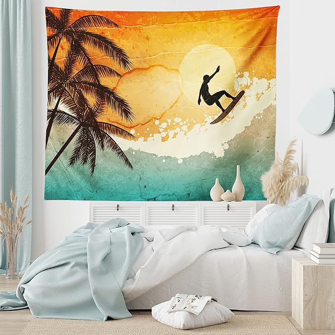 Ambesonne Grunge Tapestry King Size, Illustration of Tropical Island Surfer on Sea Waves and Palms at Sunset, Wall Hanging Bedspread Bed Cover Wall Decor, 104" X 88", Orange Turquoise Black