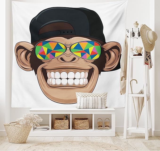 Ambesonne Cartoon Tapestry King Size, Fun Hipster Monkey with Colorful Sunglasses and Hat Rapper Hippie Ape Art, Wall Hanging Bedspread Bed Cover Wall Decor, 104" X 88", White Brown