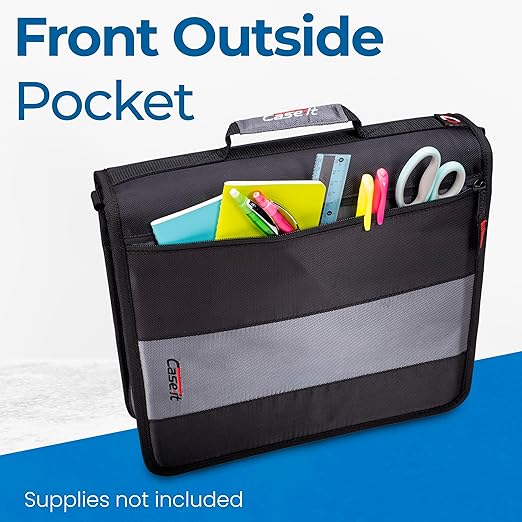 Case-it Classic Zipper Binder | 2-Inch O-Rings, 350 Sheet Capacity, Multiple Storage Pockets & Shoulder Strap | School & Office Organizer | D-251 Jet Black.