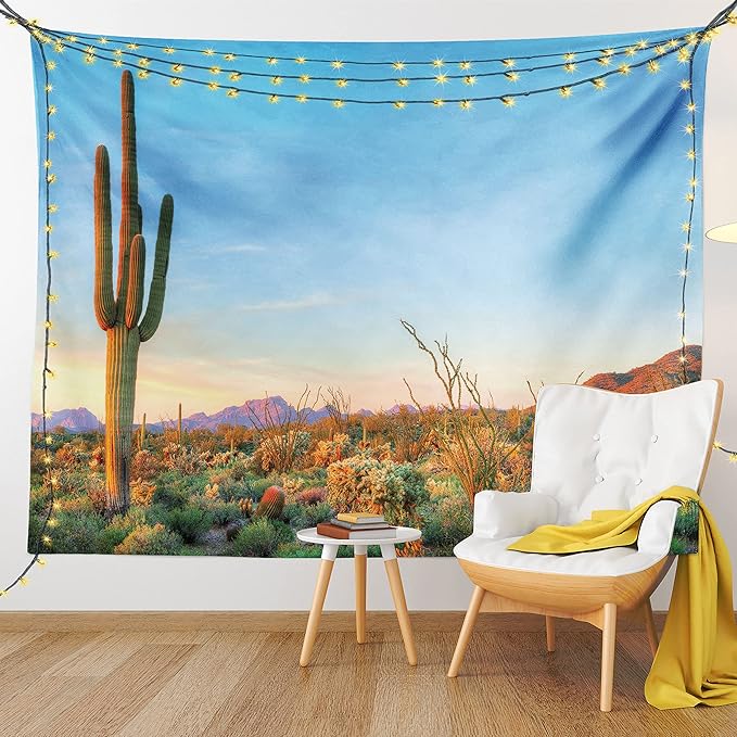 Ambesonne Saguaro Tapestry, Sun Goes down in Desert Prickly Pear Cactus Southwest Texas National Park, Fabric Wall Hanging Decor for Bedroom Living Room Dorm, 23" X 28", Orange and Blue