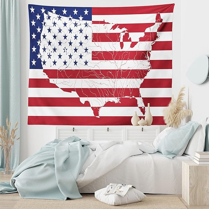 Ambesonne American Flag Tapestry, America Continent Shaped Flag Martial Design International World Glory Print, Fabric Wall Hanging Decor for Bedroom Living Room Dorm, 28" X 23", Indigo Red