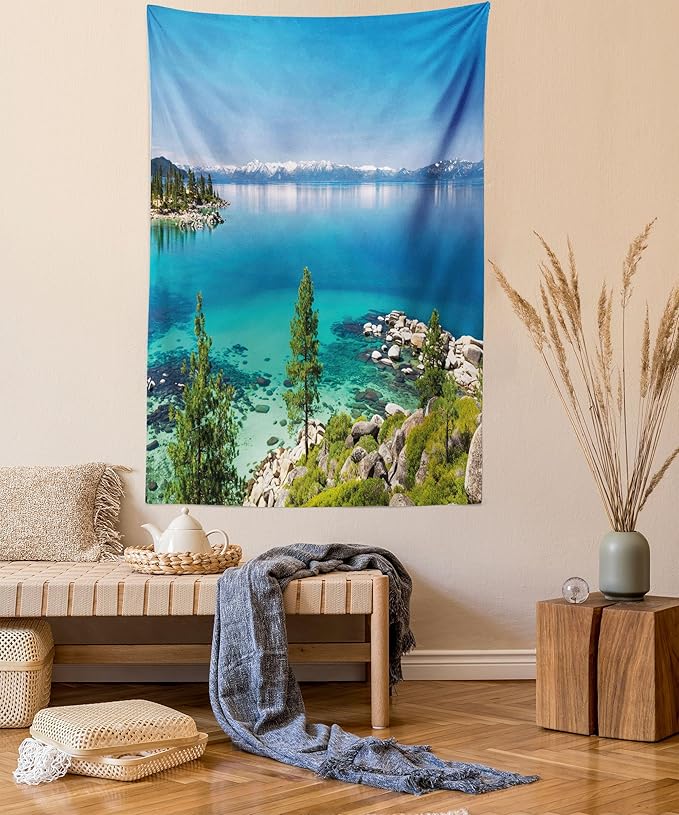 Ambesonne Blue Tapestry, Tranquil View of Lake Tahoe Sierra Pines on Rocks with Turquoise Waters Shoreline, Fabric Wall Hanging Decor for Bedroom Living Room Dorm, 30" X 45", Blue Grey Green
