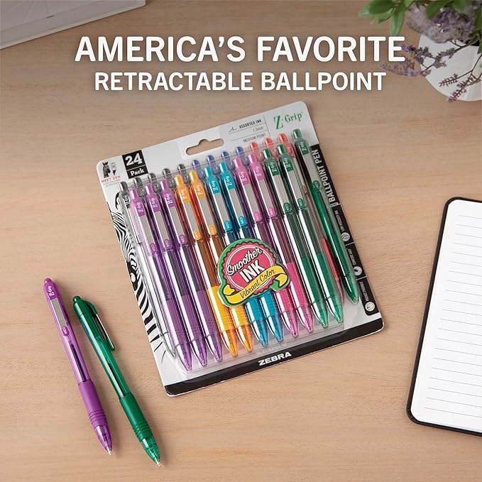 Zebra Pen Z-Grip Retractable Ballpoint Pen, Smooth-Flowing Assorted Fashion Colors, 1.0mm Medium Point, School & Office Supplies, Ideal for Note-Taking, Journal and Planner Use, 24-Pack (12223)