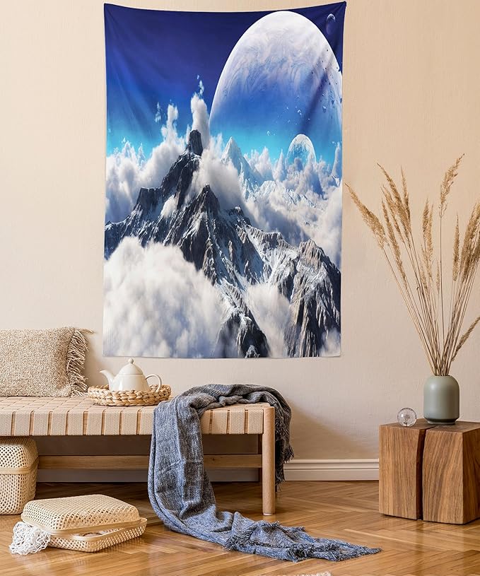 Ambesonne Fantasy Tapestry, Celestial View of Snow Capped Mountains and Alien Planet Print, Fabric Wall Hanging Decor for Bedroom Living Room Dorm, 30" X 45", White and Navy Blue