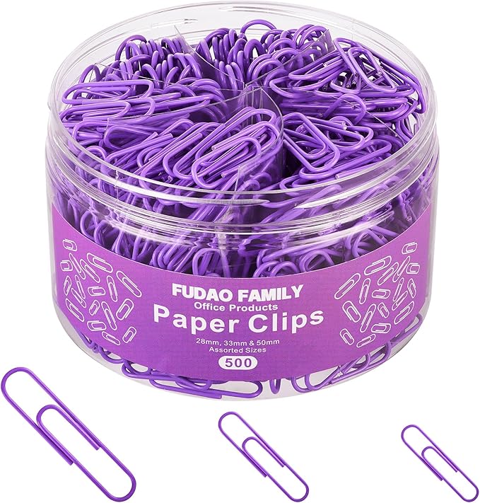 FUDAO FAMILY 500pcs Purple Paper Clips Assorted Sizes, Small, Medium and Large（1.1inch, 1.3inch and 2inch Paper Clips, Vinyl Coated Paperclips for Office, School, Home Supplies