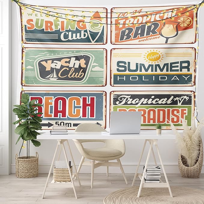 Ambesonne Retro Tapestry, Summer Holiday Vintage Camping Beach Sign Boards in Old Style Faint Colors Art Print, Wide Wall Hanging for Bedroom Living Room Dorm, 60" X 40", Cream