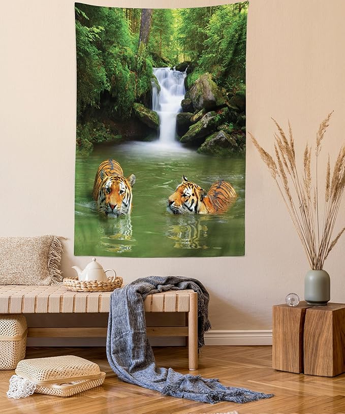 Ambesonne Savannah Tapestry Twin Size, Siberian Tigers in Water Waterfall Pool Woodland Swimming Natural, Wall Hanging Bedspread Bed Cover Wall Decor, 68" X 88", Reseda Green Orange