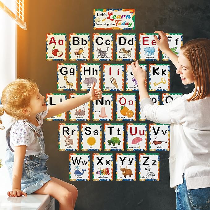 D-FantiX 58 Pieces Alphabet and Number Bulletin Board Set, Manuscript Educational Preschool Cards, Early Learning Alphabet Number Colors Shapes Posters for Kids Kindergarten Classroom Wall Decorations