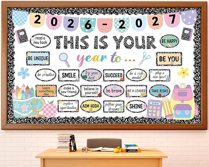 This is Your Year Bulletin Board Set Composition Notebook Classroom Decoration Inspirational Positive Affirmation Cutouts Welcome Back to School Bulletin Board for School Office Chalkboard Wall Decor