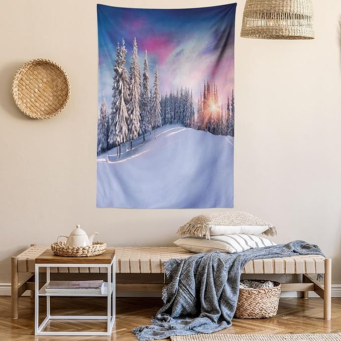 Ambesonne Winter Tapestry Twin Size, Idyllic Panorama of Winter Sunrise in Snow Covered Mountains Serenity Freshness, Wall Hanging Bedspread Bed Cover Wall Decor, 68" X 88", Pastel Lavender
