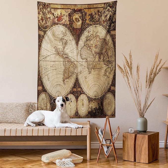 Ambesonne World Map Tapestry King Size, Old World Map Drawn in 1720s Nostalgic Style Art Historical Atlas Vintage Design, Wall Hanging Bedspread Bed Cover Wall Decor, 30" X 45", Multicolor