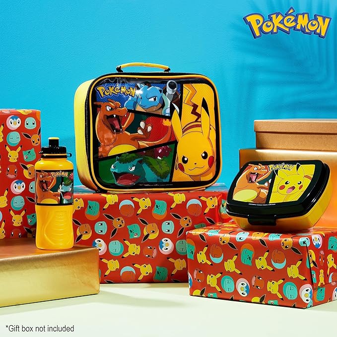 Pokemon Insulated Lunch Bag with Lunch Box Water Bottle Set for Kids 3 Piece School Snack Bag Pikachu Gifts for Kids (Yellow)