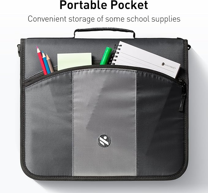Round Ring 3-Inch Zipper Binder, Designed with Expanding Files and Handle, Shoulder Strap Included, Black