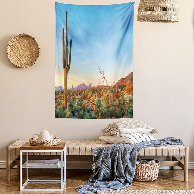 Ambesonne Saguaro Tapestry, Sun Goes down in Desert Prickly Pear Cactus Southwest Texas National Park, Fabric Wall Hanging Decor for Bedroom Living Room Dorm, 23" X 28", Orange and Blue