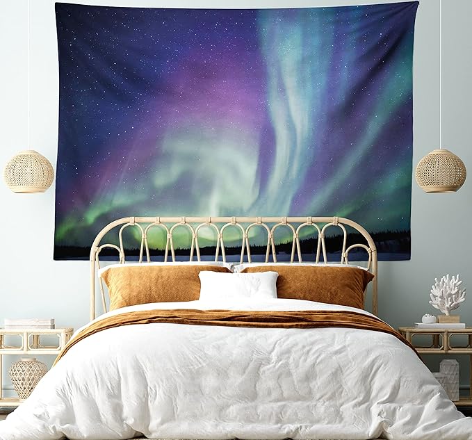 Ambesonne Aurora Borealis Tapestry, Exquisite Atmosphere Solar Starry Sky Calming Night Image, Fabric Wall Hanging Decor for Bedroom Living Room Dorm, 45" X 30", Dark Blue Mint Green