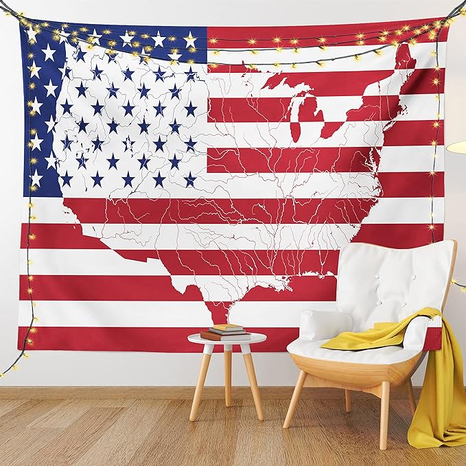 Ambesonne American Flag Tapestry, America Continent Shaped Flag Martial Design International World Glory Print, Fabric Wall Hanging Decor for Bedroom Living Room Dorm, 45" X 30", Indigo Red