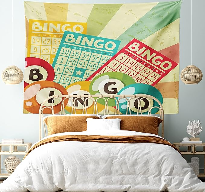 Ambesonne Vintage Tapestry, Bingo Game with Ball and Cards Pop Art Lottery Hobby Celebration Theme, Fabric Wall Hanging Decor for Bedroom Living Room Dorm, 45" X 30", Teal Multicolor