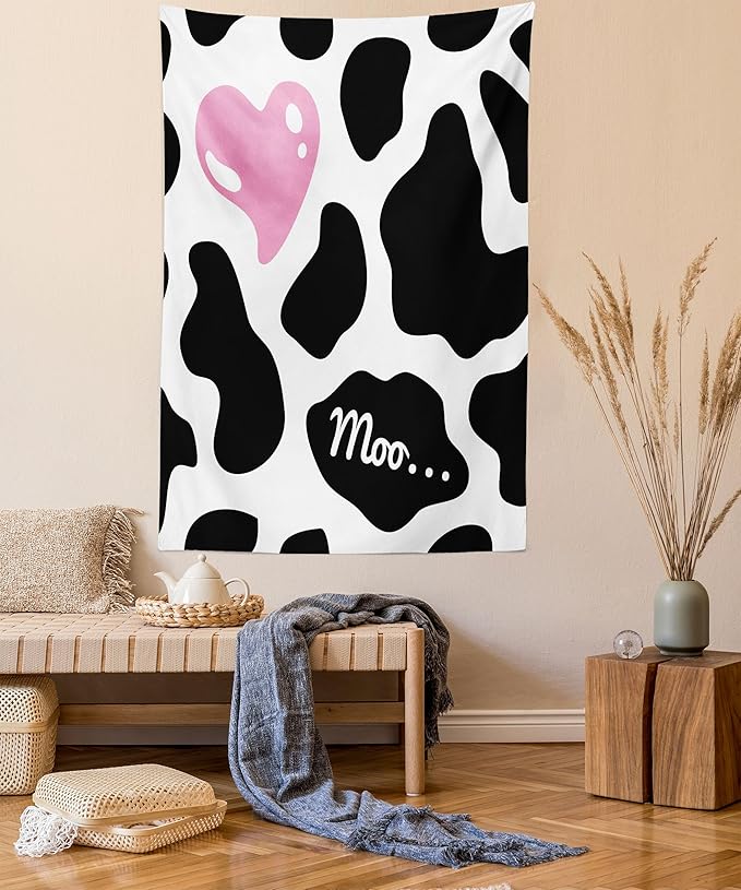 Ambesonne Cow Print Tapestry, Camouflage Hide Skin Pattern in Pastel Color Shades Heart Shape Moo, Fabric Wall Hanging Decor for Bedroom Living Room Dorm, 30" X 45", Pink Black White