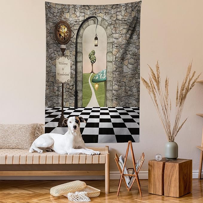 Ambesonne Alice in Wonderland Tapestry, Welcome Wonderland Black and White Floor Landscape Mushroom Print, Wall Hanging for Bedroom Living Room Dorm Decor, 40" X 60", Stone Black