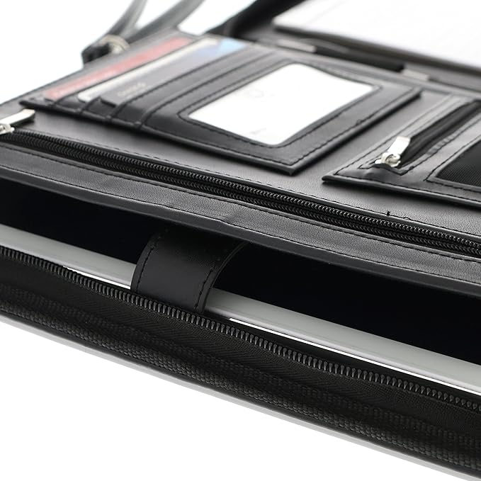 Customized Junior Zippered Leather Padfolio - Name/Logo Printed on Black PU Leather Portfolio Binder & Organizer Folder with 8 Inch Tablet Sleeve & with Junior Legal Notepad