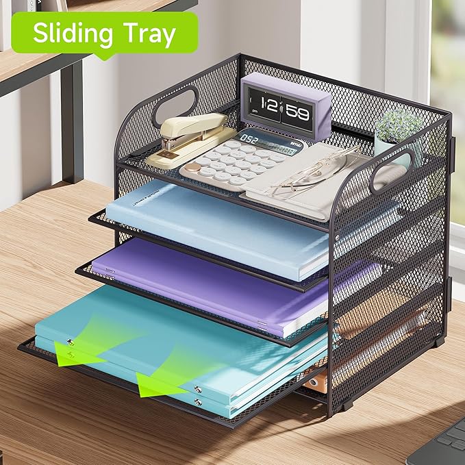 5 Tier Paper Organizer with Handle, Grey Metal Mesh Desk Organizer File Folder Paper Letter Tray Desktop Document Sorter for Classroom, School, Office Accessories Organization and Storage