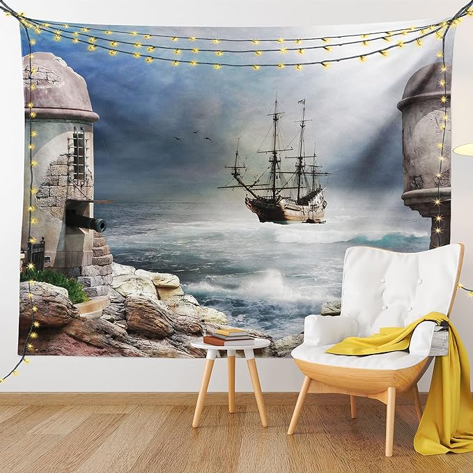 Ambesonne Sailboat Tapestry, Pirate Merchant Shipnchored in the Bay of Fortbandoned Rockst Shore, Fabric Wall Hanging Decor for Bedroom Living Room Dorm, 45" X 30", Pale Muave Beige