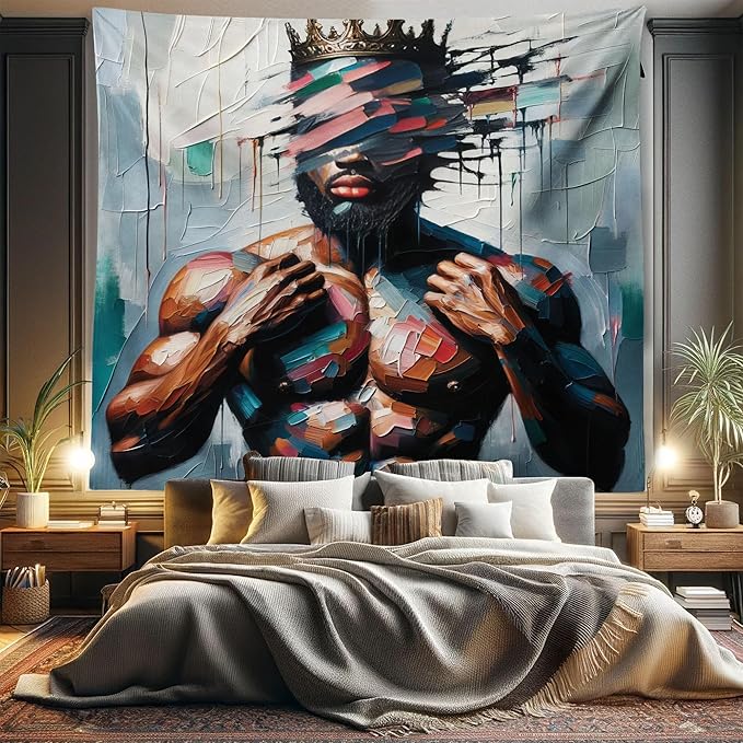 Ambesonne Afro Art Tapestry King Size, Strong Black Man with a Crown Face of Strokes Modern Painting Print, Wall Hanging Bedspread Bed Cover Wall Decor, 104" X 88", Blue Grey and Chocolate
