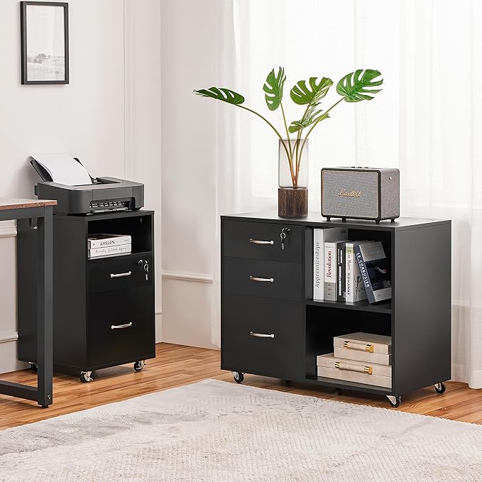 Yaheetech Black File Cabinet with Lock for Letter, A4 Size,3 Drawer Lateral Cabinet Printer Stand with Open Storage Compartments for Home Office, Black