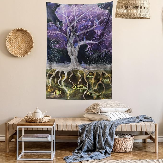 Ambesonne Tree of Life Tapestry Twin Size, Psychedelic Mysterious Nature at Night Birds and Fishes Home Art, Wall Hanging Bedspread Bed Cover Wall Decor, 68" X 88", Purple Black