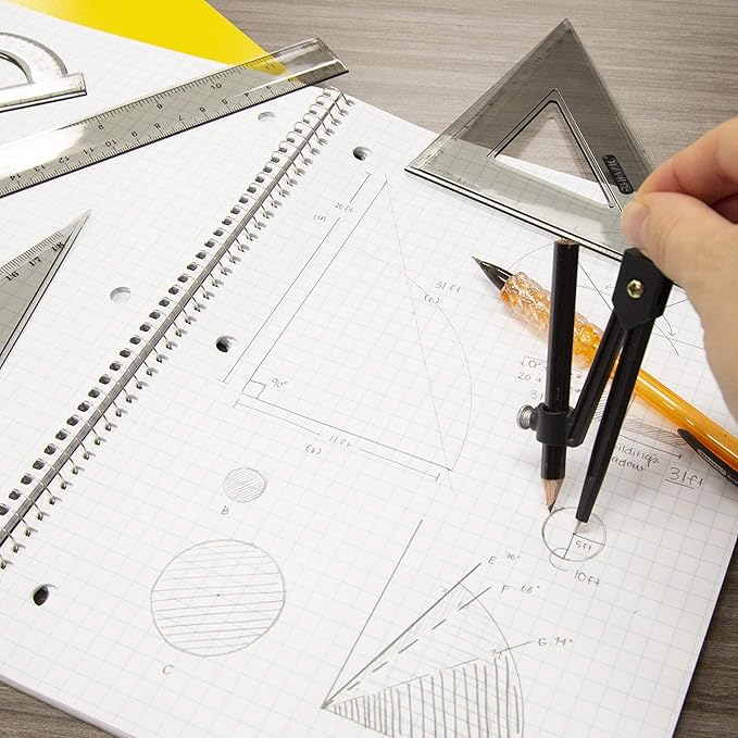 BAZIC Math Geometry Set 5 Pieces, Compass, Protractor, Ruler, 2 Triangle Rulers, Plastic Clear Measuring Sets for Students Professional, 1-Pack