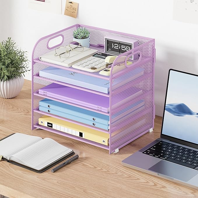 2 Pack 5 Tier Paper Organizer, Letter Tray with Handle, Mesh Desk Organizer, Metal File Organizer, Office Desk Accessories for Home, Office, Classroom, School -Purple