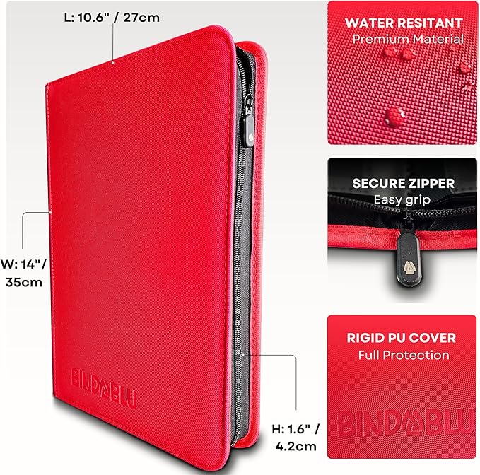 9 Pocket Trading Card Zip Binder - 360 Side Loading Pocket Binder for Colletible Games, Sport, TCG - Trading Card Binder - Gift Card holder for Boys and Girls - Red card binder